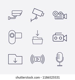 Outline 9 record icon set. download folder, security camera, download in folder, microphone, video camera and media player vector illustration