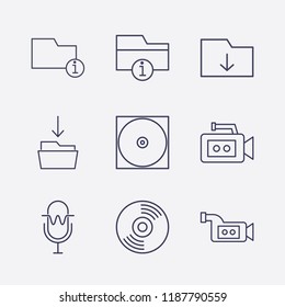 Outline 9 record icon set. download folder, video camera, download in folder, cd, microphone and information folder vector illustration