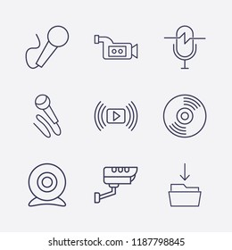 Outline 9 record icon set. media player, microphone, web camera, download in folder, security camera, cd and video camera vector illustration