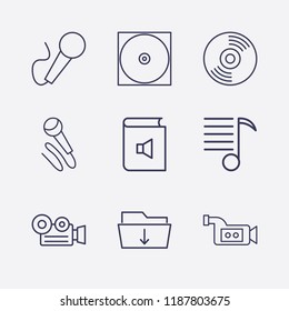 Outline 9 record icon set. video camera, book sound, microphone, download folder, melody list and cd vector illustration