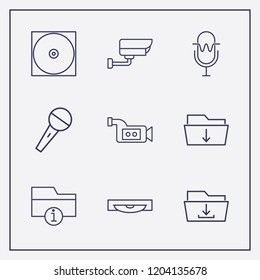 Outline 9 record icon set. microphone, cd, information folder and video camera vector illustration