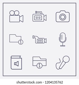Outline 9 record icon set. information folder, camera, book sound and microphone vector illustration