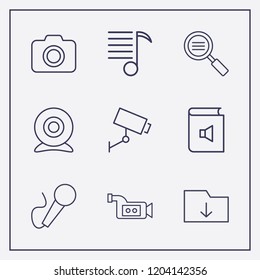 Outline 9 record icon set. melody list, download folder, book sound and web camera vector illustration