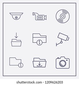 Outline 9 record icon set. video camera, camera, cd and download folder vector illustration