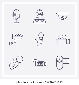 Outline 9 record icon set. microphone, dj, security camera and video camera vector illustration