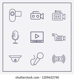 Outline 9 record icon set. media player, microphone, security camera and video camera vector illustration