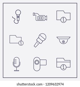 Outline 9 record icon set. information folder, video camera, security camera and microphone vector illustration