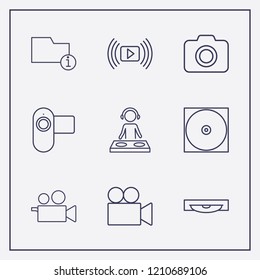 Outline 9 record icon set. camera, video camera, information folder and cd vector illustration