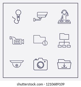 Outline 9 record icon set. dj, information folder, connected folder and video camera vector illustration