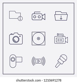 Outline 9 record icon set. microphone, camera, media player and video camera vector illustration