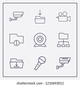 Outline 9 record icon set. information folder, video camera, microphone and web camera vector illustration