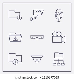 Outline 9 record icon set. video camera, security camera, connected folder and cd vector illustration