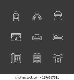 Outline 9 relax icon set. home phone, sofa, short and shower vector illustration