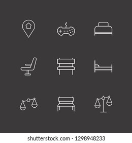 Outline 9 relaxation icon set. location home, chair, bench and joystick vector illustration