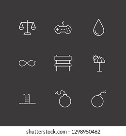 Outline 9 relaxation icon set. umbrella beach, balance, bench and bomb vector illustration