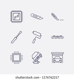 Outline 9 repair icon set. garage, paint roller, stationery knife, cpu, car crash and screwdriver vector illustration