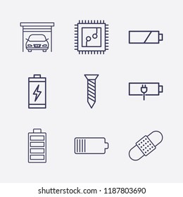 Outline 9 repair icon set. cpu, screw, battery, plaster and garage vector illustration