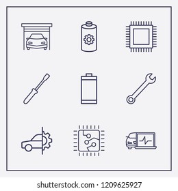 Outline 9 repair icon set. battery, car service, wrench and garage vector illustration