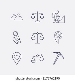 Outline 9 rock icon set. mountain, miner, love location, balance, microphone and rock climber vector illustration