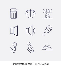 Outline 9 rock icon set. balance, microphone, salt, lighthouse, mountain and sound vector illustration