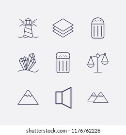 Outline 9 rock icon set. sound, mountain, crystal, layer, salt, lighthouse and balance vector illustration