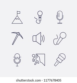 Outline 9 rock icon set. rock climber, mountain in flag, miner, microphone and sound vector illustration
