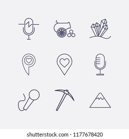 Outline 9 rock icon set. love location, microphone, cannon, crystal, miner and mountain vector illustration