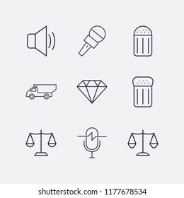 Outline 9 rock icon set. salt, microphone, balance, dump truck, sound and diamond vector illustration