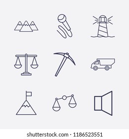 Outline 9 rock icon set. balance, mountain in flag, miner, dump truck, mountain, sound, lighthouse and microphone vector illustration