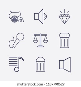 Outline 9 rock icon set. diamond, balance, melody list, salt, cannon, microphone and sound vector illustration