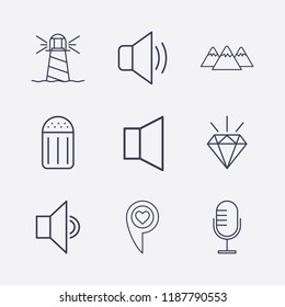 Outline 9 rock icon set. microphone, diamond, lighthouse, love location, salt, sound and mountain vector illustration
