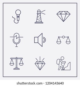 Outline 9 rock icon set. balance, diamond, sound and rock climber vector illustration