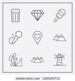 Outline 9 rock icon set. microphone, diamond, mountain and lighthouse vector illustration