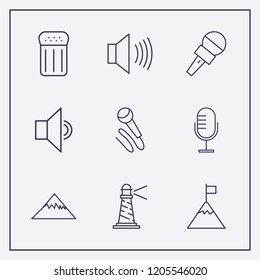Outline 9 rock icon set. lighthouse, microphone, mountain in flag and salt vector illustration