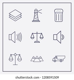 Outline 9 rock icon set. balance, layer, mountain and lighthouse vector illustration