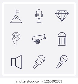 Outline 9 rock icon set. salt, microphone, mountain in flag and sound vector illustration