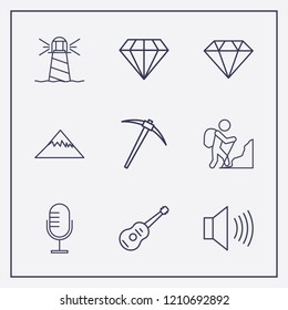 Outline 9 rock icon set. mountain, diamond, guitar and miner vector illustration