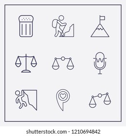 Outline 9 rock icon set. rock climber, balance, mountain in flag and love location vector illustration