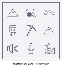 Outline 9 rock icon set. sound, microphone, mountain and frankenstein vector illustration