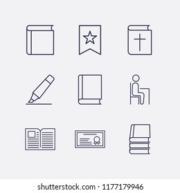 Outline 9 school icon set. bookmark, certificate, bible, book, pupil and marker vector illustration