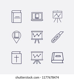Outline 9 school icon set. library location, board in analytics, online book reading, bible, book and stationery knife vector illustration
