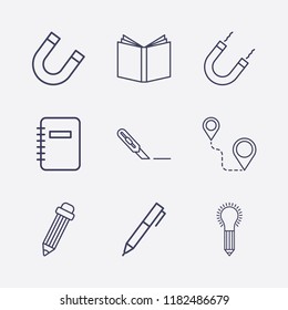 Outline 9 school icon set. stationery knife, pencil, distance, magnet, pen, book, idea with pencil and notebook vector illustration