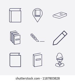 Outline 9 school icon set. book, library location, teacher, stationery knife and pencil vector illustration
