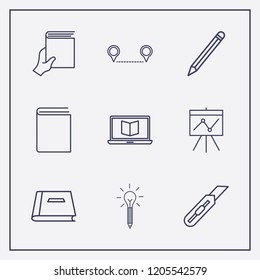Outline 9 school icon set. book, distance, pencil and stationery knife vector illustration
