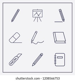 Outline 9 school icon set. board in analytics, pen, pencil and notebook vector illustration