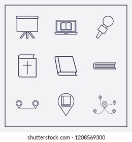 Outline 9 school icon set. book, bible, online learning and library location vector illustration