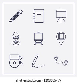 Outline 9 school icon set. library location, pencil, notebook and board vector illustration
