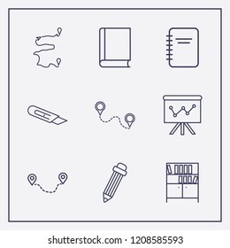 Outline 9 school icon set. distance, book, board in analytics and pencil vector illustration