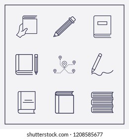 Outline 9 school icon set. book, book and pencil, distance and hand with book vector illustration