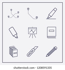 Outline 9 school icon set. pencil, marker, board in analytics and stationery knife vector illustration